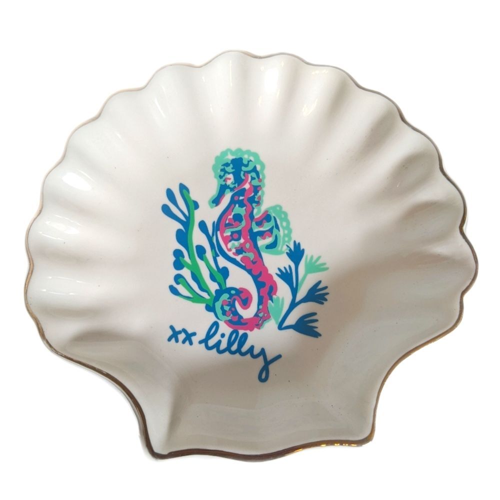 Lilly Pulitzer White Shell Trinket Dish with Pink & Blue Seahorse
